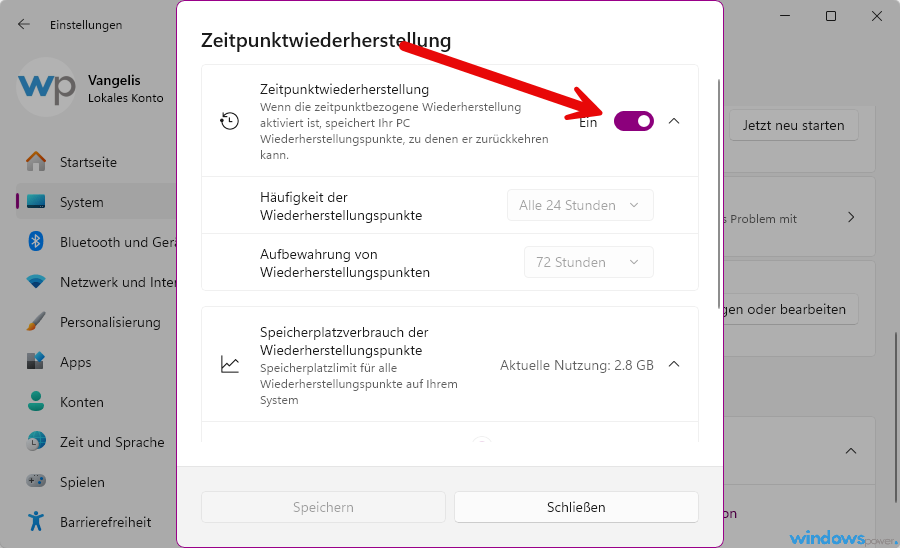 Zeitpunktwiederherstellung aktivieren Schalter in den Windows 11 Einstellungen auf An Zeitpunktwiederherstellung aktivieren Schalter in den Windows 11 Einstellungen auf An