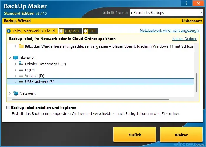 Zielort Auswahl in BackUp Maker mit externem Laufwerk als Backup Ziel Zielort Auswahl in BackUp Maker mit externem Laufwerk als Backup Ziel
