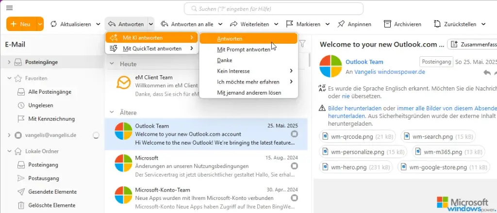 eM Client 11 KI Assistent in der Seitenleiste beim Beantworten einer E Mail eM Client 11 KI Assistent in der Seitenleiste beim Beantworten einer E Mail