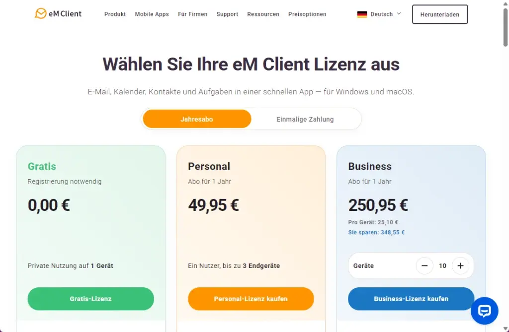 eM Client Preisoptionen Gratis Personal und Business im Ueberblick eM Client Preisoptionen Gratis, Personal und Business im Überblick