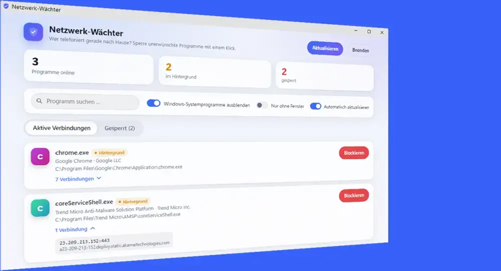 Netzwerk-Wächter von WindowsPower: Programme erkennen und sperren, die heimlich ins Internet funken Netzwerk Wächter von WindowsPower