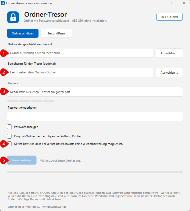 rdner Tresor Ordner auswaehlen Passwort festlegen und Hinweis zum Passwortverlust bestaetigen rdner Tresor Ordner auswählen Passwort festlegen und Hinweis zum Passwortverlust bestätigen