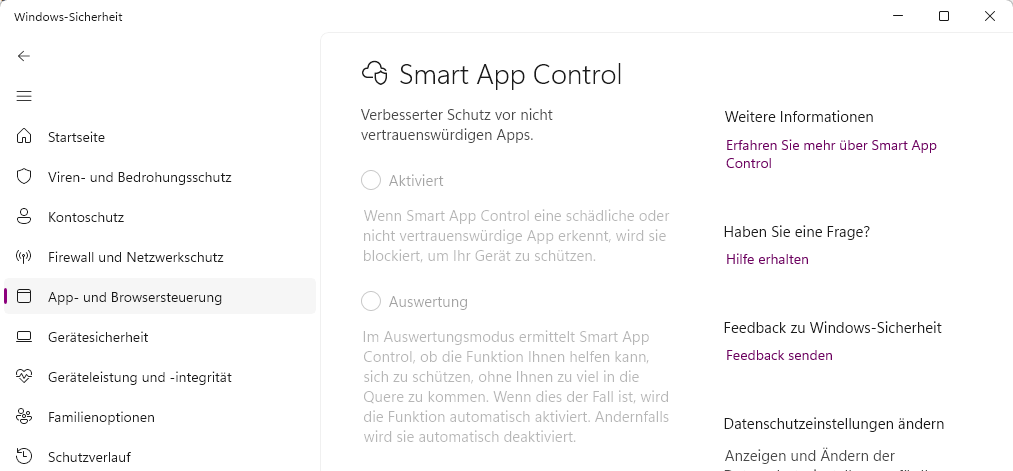 Smart App Control ausgegraut: So schalten Sie es nach KB5127648 wieder ein Smart App Control ausgegraut KB5127648