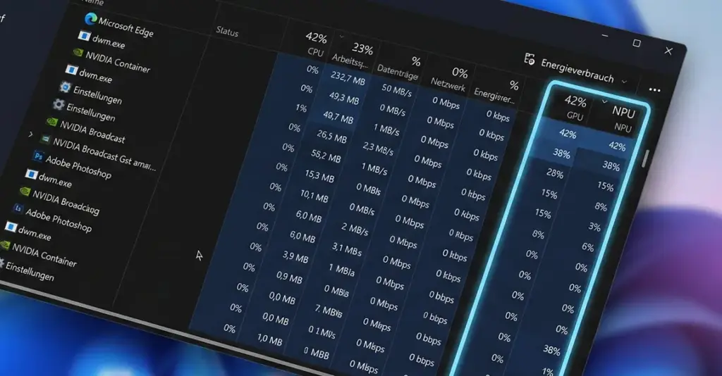 Task Manager NPU Auslastung pro Prozess