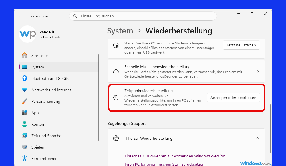 Zeitpunktwiederherstellung aktivieren